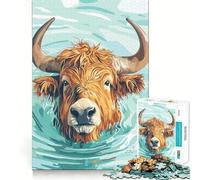 Rompecabezas de 1000 Piezas con ilustración de una Vaca de Las Tierras Altas Nadando, Ideal para Adultos Juguete Intelectual, Relajante y Divertido Pieza de Arte 38x52cm