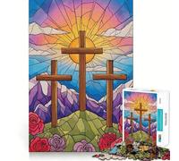 Rompecabezas de 1000 Piezas con ilustración de vidrieras de Tres Cruces para Adolescentes Ideal para Mejorar la Memoria, Relajarse y armar Decoración de Pared 38x52cm