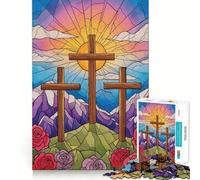 Rompecabezas de 1000 Piezas con ilustración de vidrieras de Tres Cruces para Adolescentes Juguete para desarrollar la lógica y la diversión Bordes Suaves Regalo Creativo 50x75cm