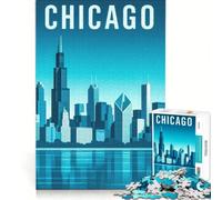 Rompecabezas de 1000 Piezas con ilustración del Horizonte de Chicago en Tonos Azules, Juguete Educativo, Ideal para Reducir el estrés y Fortalecer el Amor en Pareja 38x26cm