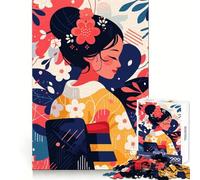 Rompecabezas de 1000 Piezas con Kimono Floral,niña y Naturaleza,ilustración Abstracta Minimalista,Arte de Corte preciso,diversión para ejercitar la Mente,diversión para Relajarse,Arte de Pared