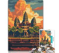 Rompecabezas de 1000 Piezas con la Puesta de Sol en el Templo de Angkor Wat para Adultos, Ideal para aliviar el estrés y Matar el Tiempo con póster y Hoja de Trivia a Juego 75x50cm