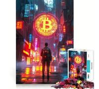 Rompecabezas de 1000 Piezas con Letrero de neón de Bitcoin,Paisaje Urbano,decoración Elegante y Funcional,Ideal para Actividades Que estimulan la Mente,Momentos de diversión y Navidad (50x75cm)
