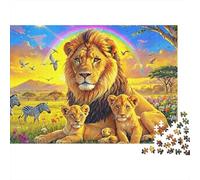 Rompecabezas de 1000 Piezas con Paisaje de Familia de Leones: león con Cachorros y arcoíris. Juego Educativo para Adultos. Decoración del hogar. Difícil y desafiante. Regalo de cumpleaños. 70x50cm