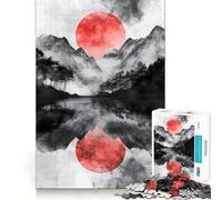 Rompecabezas de 1000 Piezas con Paisaje de montaña y Sol Rojo para Adolescentes Rompecabezas con Efecto de Memoria, luz Relajante y diseño de Imagen (38x52cm)