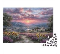 Rompecabezas de 1000 Piezas con Paisaje de Puesta de Sol, Valle de montaña y Girasoles. Juego Educativo para Adultos. Hermosa decoración. Difícil. Regalo de cumpleaños. 70x50cm.