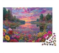 Rompecabezas de 1000 Piezas con Paisaje Floral al Atardecer, Lago y Reflejo del Atardecer. Juego Educativo para Adultos. Hermosa decoración. Difícil cumpleaños. 52 x 38 cm
