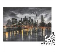 Rompecabezas de 1000 Piezas con Paisaje Urbano Nocturno, Reflejo del Horizonte de Nueva York en Monocromo, Juegos educativos para Adultos. Hermoso desafío Decorativo para52 x 38 cm.