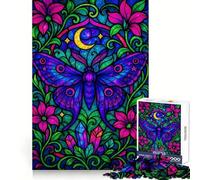 Rompecabezas de 1000 Piezas con Polilla de vitral de fantasía neón y Luna para Adolescentes Juguete para desarrollar la lógica Pasatiempo Tranquilo Bordes Lisos (38x26cm)