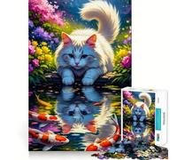 Rompecabezas de 1000 Piezas con Reflejo de Gato y Carpa koi en un Estanque,diseño de Bordes Finos,Ideal para ejercitar la Mente,Relajarse y Disfrutar de la Navidad Regalo artístico (38x52cm)