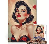 Rompecabezas de 1000 Piezas con Retrato de Adolescente Morena Pin-up y Rosas Rojas para ejercitar el Cerebro y Disfrutar del Tiempo Libre Corte de precisión (50x75cm)