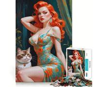 Rompecabezas de 1000 Piezas con Retrato de Chica Pelirroja Pin-up y Gato para Adolescentes Juguete para ejercitar la Mente, Relajante y Divertido Corte preciso Regalo Festivo (50x75cm)