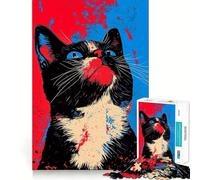 Rompecabezas de 1000 Piezas con Retrato de Gato en Rojo y Azul Ideal para decoración,Juego cognitivo,Regalo de Juego rápido,Regalo de cumpleaños (38x52cm)