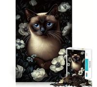 Rompecabezas de 1000 Piezas con Retrato de Gato siamés y Flores Blancas para Adolescentes Juguete para aliviar el estrés Diseño artístico y fácil de Usar 50x75cm