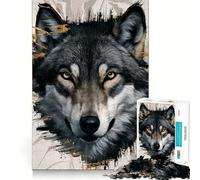 Rompecabezas de 1000 Piezas con Retrato de Lobo y Detalles Dorados Abstractos Juego Mental Divertido Diseño de Ajuste Huecos Regalo Ideal para reuniones Familiares (38x26cm)