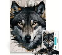 Rompecabezas de 1000 Piezas con Retrato de Lobo y Detalles Dorados Abstractos para Adultos Piensa,Entrena,Juega Cierre Seguro,sin Piezas Sueltas aliviar el estrés (38x52cm)