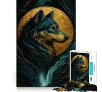 Rompecabezas de 1000 Piezas con Retrato de Lobo y Luna Dorada Diversión para ejercitar la Mente Piezas sin Rebabas y de Corte Limpio Actividad Absorbente para Noches tranquilas (38x52cm)