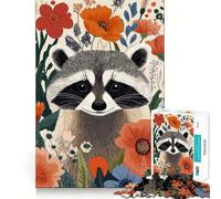 Rompecabezas de 1000 Piezas con Retrato de Mapache Entre Flores para Adultos, Juguete de lógica Mental, Tiempo de Serenidad, Corte Firme, (38x52cm)