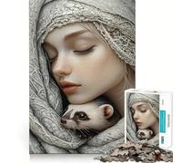 Rompecabezas de 1000 Piezas con Retrato de Mujer con hurón para Adultos Juego de concentración Mental, Corte láser Actividad Nocturna Divertida para Toda la Familia (50x75cm)