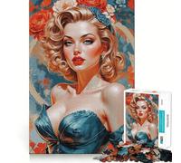 Rompecabezas de 1000 Piezas con Retrato de Rubia Pin-up y Detalles Florales Juego de construcción preciso,Juguete para concentrarse,Juego Tranquilo,Juego Divertido para cumpleaños 38x26cm