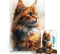 Rompecabezas de 1000 Piezas con Retrato en Acuarela de un Gato pelirrojo Juguete de construcción Focus Building Ensamblaje Firme y Seguro Juguete de Entretenimiento Durante Las Vacaciones