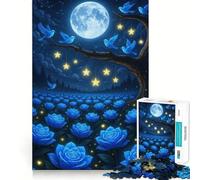 Rompecabezas de 1000 Piezas con Rosas Azules,pájaros,Luna y Estrellas Bordes Finos Juguete Creativo para desarrollar la Creatividad,Ideal para el Tiempo Libre o como Regalo de cumpleaños 50x75cm