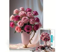 Rompecabezas de 1000 Piezas con Rosas Rosadas en jarrón para Adultos Juguete para ejercitar la Mente Diversión en Familia Corte de precisión Un Regalo Encantador (38x26cm)