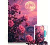 Rompecabezas de 1000 Piezas con Rosas Rosadas y Cielo Iluminado por la Luna para Adolescentes Juguete para desarrollar la Habilidad Mental y Relajarse Corte preciso (50x75cm)