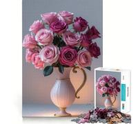 Rompecabezas de 1000 Piezas con Rosas Rosas y moradas en un jarrón para Adultos y Adolescentes Juguete para Pensar y reflexionar Alivia el estrés Regalo navideño de Corte Limpio (38x52cm)