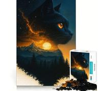 Rompecabezas de 1000 Piezas con Silueta de Gato Negro en Paisaje,Corte preciso,Divertido desafío,Entretenimiento para el Tiempo Libre,Regalo de decoración navideña 38x26cm