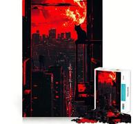 Rompecabezas de 1000 Piezas con Silueta de Gato y Paisaje Urbano con Luna roja para Adolescentes Juguete para desarrollar la lógica, Relajante y Divertido Corte preciso Regalo artístico (38x52cm)