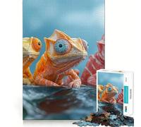 Rompecabezas de 1000 Piezas con Tres Coloridos Camaleones sobre una Hoja para Adultos Juguete de ingenio para Jugar en Interiores Diseño artístico de Bordes precisos Coleccionable 38x26cm