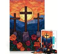 Rompecabezas de 1000 Piezas con Tres Cruces y Rosas de vidrieras para Adolescentes Juguete de lógica Fuerte para Relajarse Bordes definidos Sorpresa de cumpleaños 38x52cm