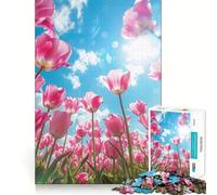Rompecabezas de 1000 Piezas con Tulipanes Rosas contra un Cielo Azul para Adultos Mejora la Memoria, Alivia la ansiedad y Decora la Pared con Bordes Afilados (38x26cm)