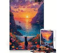 Rompecabezas de 1000 Piezas con un Gato contemplando la Puesta de Sol Junto al mar,Ideal para Adolescentes,para Entrenar la Memoria,para un Entretenimiento Tranquilo,con cortess y un Bonito Regalo