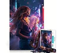 Rompecabezas de 1000 Piezas con una Chica Tocando el saxofón en una Ciudad neón, Ideal para Adultos Juguete para ejercitar la lógica y el Ocio Bordes Lisos Regalo de Temporada (38x26cm)
