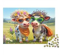 Rompecabezas de 1000 Piezas con una Linda Pareja de Vacas: Dos Vacas con Coronas de Flores. Juego Educativo para Adultos. Hermoso desafío Decorativo. Regalo Ideal para 38x26cm