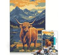 Rompecabezas de 1000 Piezas con Vaca de Las Tierras Altas y Paisaje de montaña Juegos relajantes interacción Entre Padres e Hijos Regalos para Amigos y Familiares 38x52cm