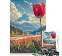 Rompecabezas de 1000 Piezas con Vista a la montaña y Tulipanes para Adolescentes Rompecabezas Mental para aliviar la tensión Regalo Premium para armar (38x52cm)