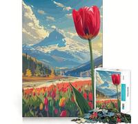 Rompecabezas de 1000 Piezas con Vista a la montaña y Tulipanes para Adolescentes Rompecabezas Mental para aliviar la tensión Regalo Premium para armar (38x52cm)