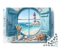 Rompecabezas de 1000 Piezas con Vista a la Ventana de la Costa, Faro y mar. Juego Educativo para Adultos. Hermosa decoración. Difícil y desafiante. Ideal para Hombres y Mujeres. Cumpleaños. 38x26cm.