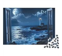 Rompecabezas de 1000 Piezas con Vista a un Faro a la luz de la Luna y mar tormentoso. Juego Educativo para Adultos. Decoración del hogar. Difícil. Regalo de cumpleaños. 38 x 26 cm / 1000 Piezas.