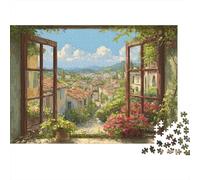 Rompecabezas de 1000 Piezas con Vista a un Pueblo Europeo: Valle panorámico Desde una Ventana Abierta. para Adultos de 12 años en adelante. Juegos educativos. Hermoso desafío de decoración.38x26