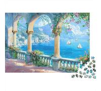 Rompecabezas de 1000 Piezas con Vista a una Villa Costera, Arcos con Vista al mar Azul, para Adultos. Juego Educativo. Hermosa decoración. Difícil y desafiante. Ideal para cumpleaños. 70x50cm.