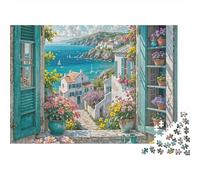 Rompecabezas de 1000 Piezas con Vista al Mediterráneo, Ventana, mar y Ciudad. Juego Educativo para Adultos. Hermosa decoración. Difícil. Regalo de cumpleaños. 70x50cm/1000 Piezas.