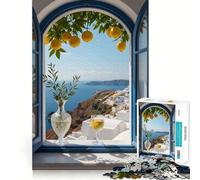 Rompecabezas de 1000 Piezas con Vista de Santorini a través de una Ventana Abierta para Adolescentes Rompecabezas fácil de armar Ocio Impecable Regalo Ideal para pedirle a Papá Noel (38x26cm)