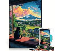 Rompecabezas de 1000 Piezas con Vista del Monte Fuji Desde la Perspectiva de un Gato Juguete de construcción con Corte preciso Ideal para Relajarse y divertirse en cumpleaños (50x75cm)
