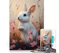 Rompecabezas de 1000 Piezas Conejo Blanco Entre Flores para Adolescentes Juego Que estimula el Cerebro Encaje Huecos Actividad Relajante para Grupos en Interiores (50x75cm)
