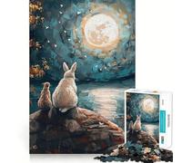 Rompecabezas de 1000 Piezas Conejo y Gato bajo la Luna Llena para Adolescentes Juguete de lógica Fina, Divertido y Relajante Decoración de Pared con Bordes limpios (38x52cm)