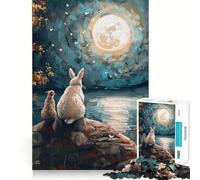 Rompecabezas de 1000 Piezas Conejo y Gato bajo la Luna Llena para Adultos Juguete de lógica Mental Tiempo de relajación Corte Firme (38x26cm)